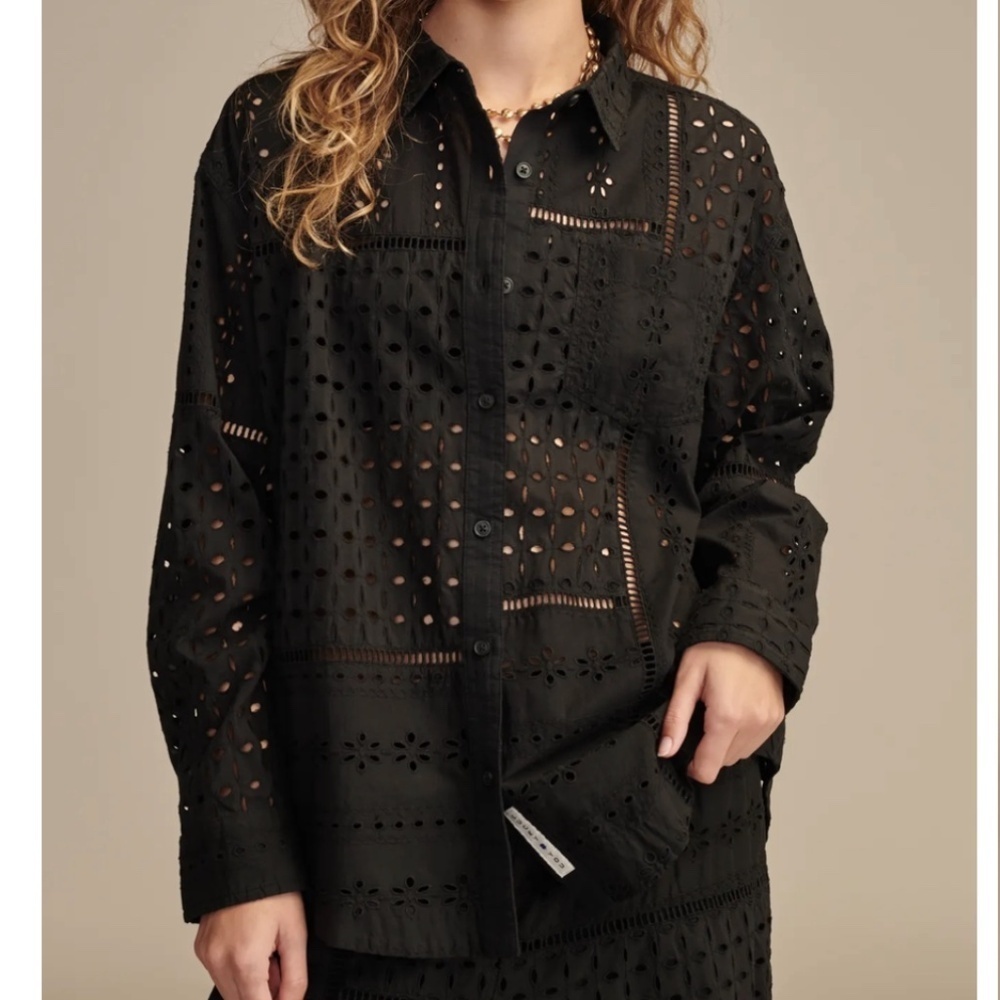 Lucky Brand Eyelet Prep Long Sleeve Button Up Shirt Meteorite Size Small